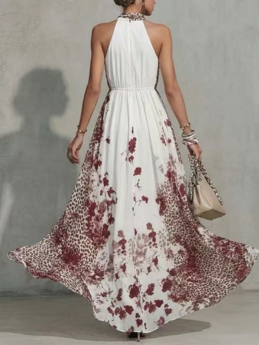 Zimmermann Bohemian Halter Maxi Dress in White with Burgundy Floral & Leopard - Picture 3 of 4